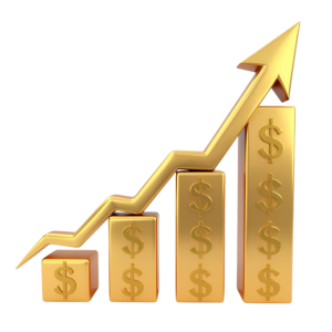 Gold bars with dollar signs increase in height, topped by an upward-pointing arrow, symbolizing financial growth.