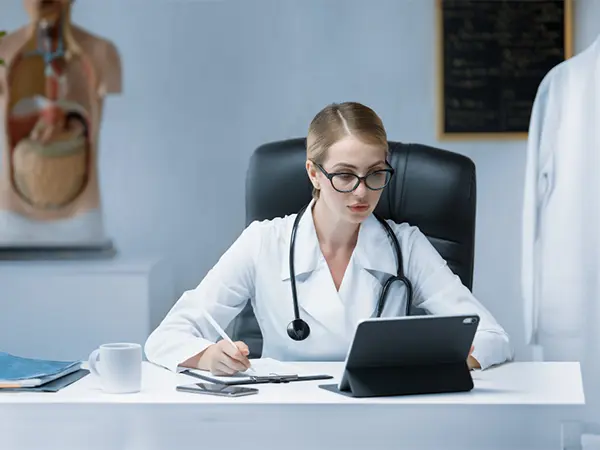 Doctor working on a laptop, managing patient records in the office